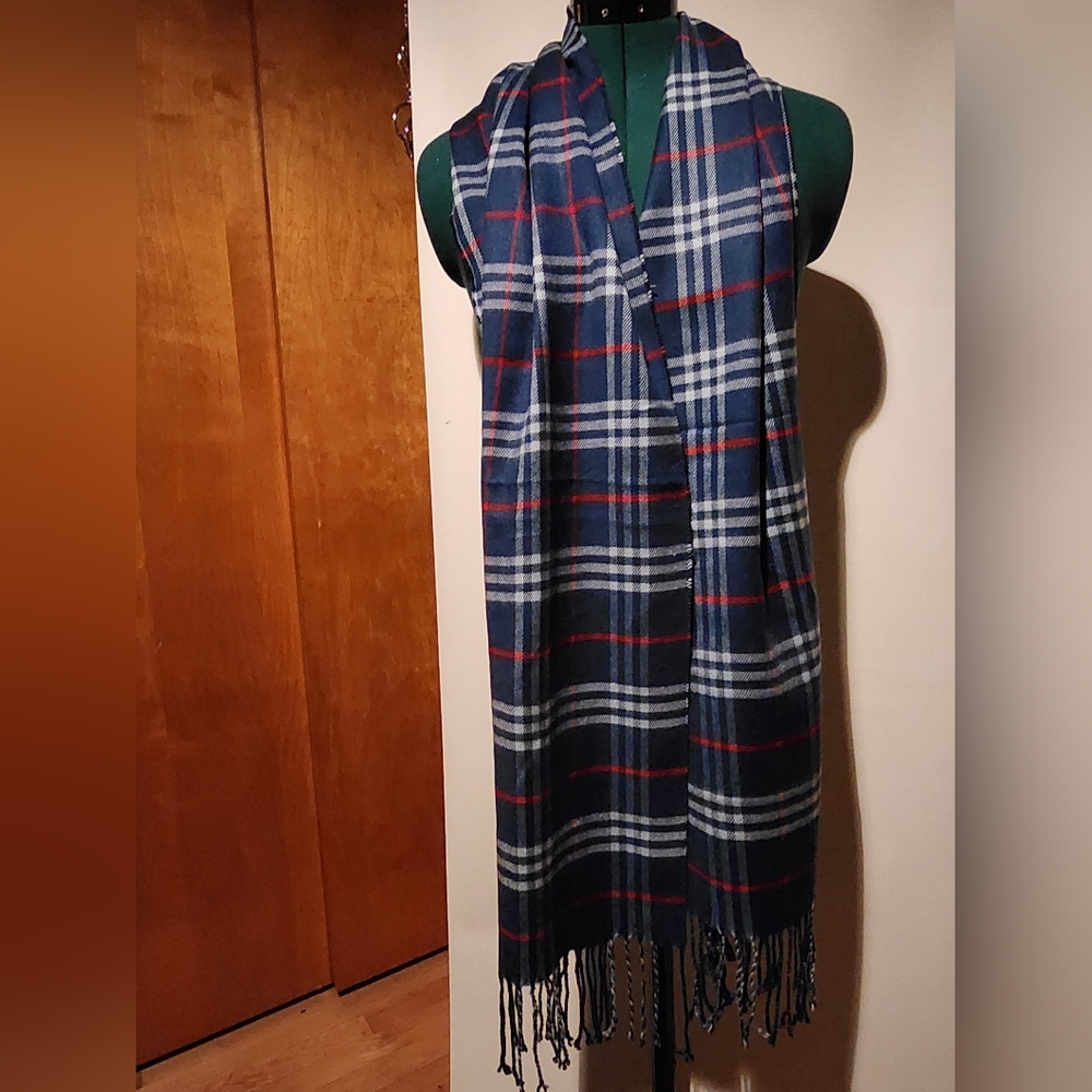 Plaid Fringe Scarf in Blue and Red